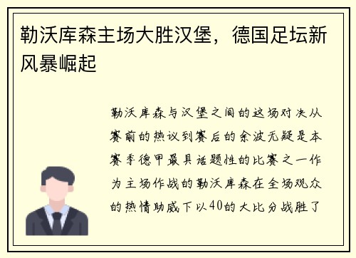 勒沃库森主场大胜汉堡，德国足坛新风暴崛起